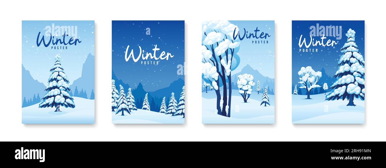 Winter posters blue set with Snowdrifts and christmas trees isolated vector illustration Stock Vector