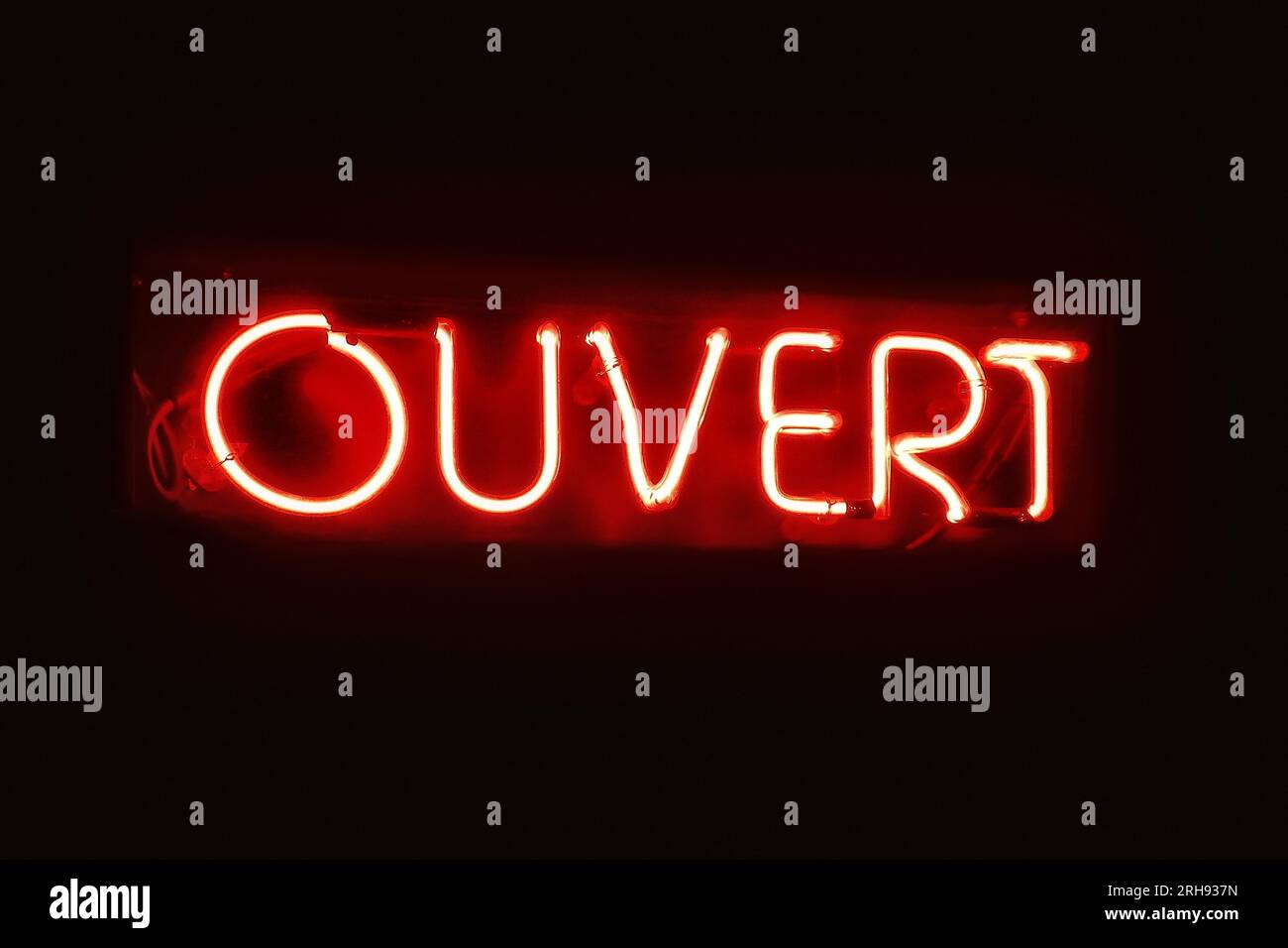 Close-up on a red neon light shaped into the French word \, image size:1300x956