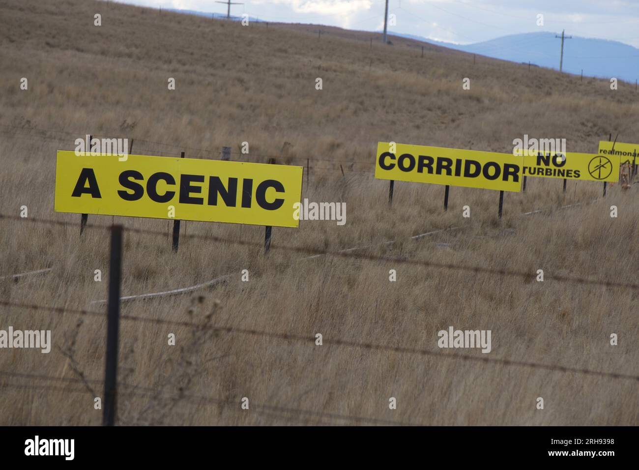 Nimitabel, New South Wales, Australia 15th August 2023. Protest signs against Wind Turbines being contriusted along an old Railway corridor. Credit PjHickox/Alamy Live News Stock Photo