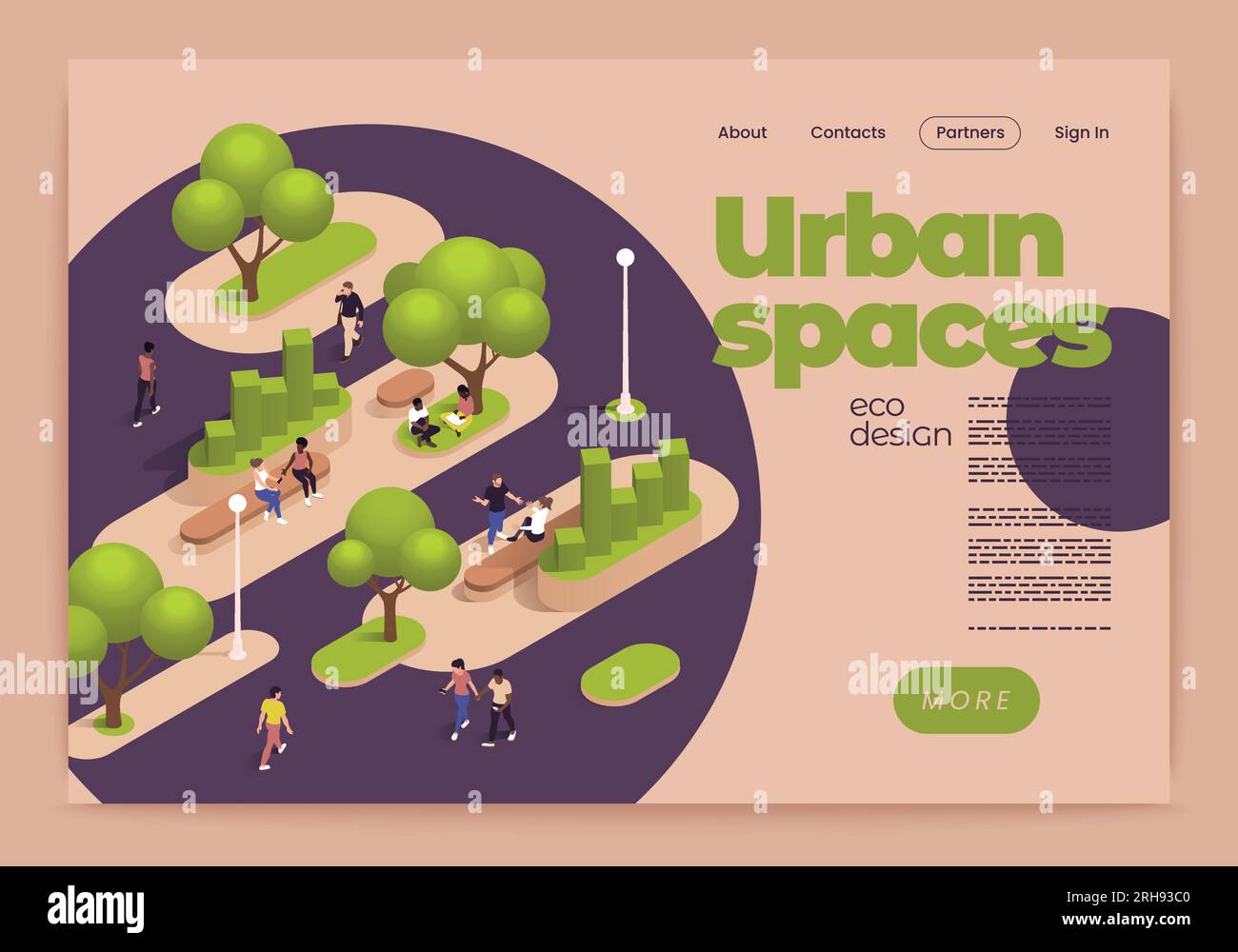 Urban city green spaces eco design isometric banner or landing page with links descriptions and more button vector illustration Stock Vector