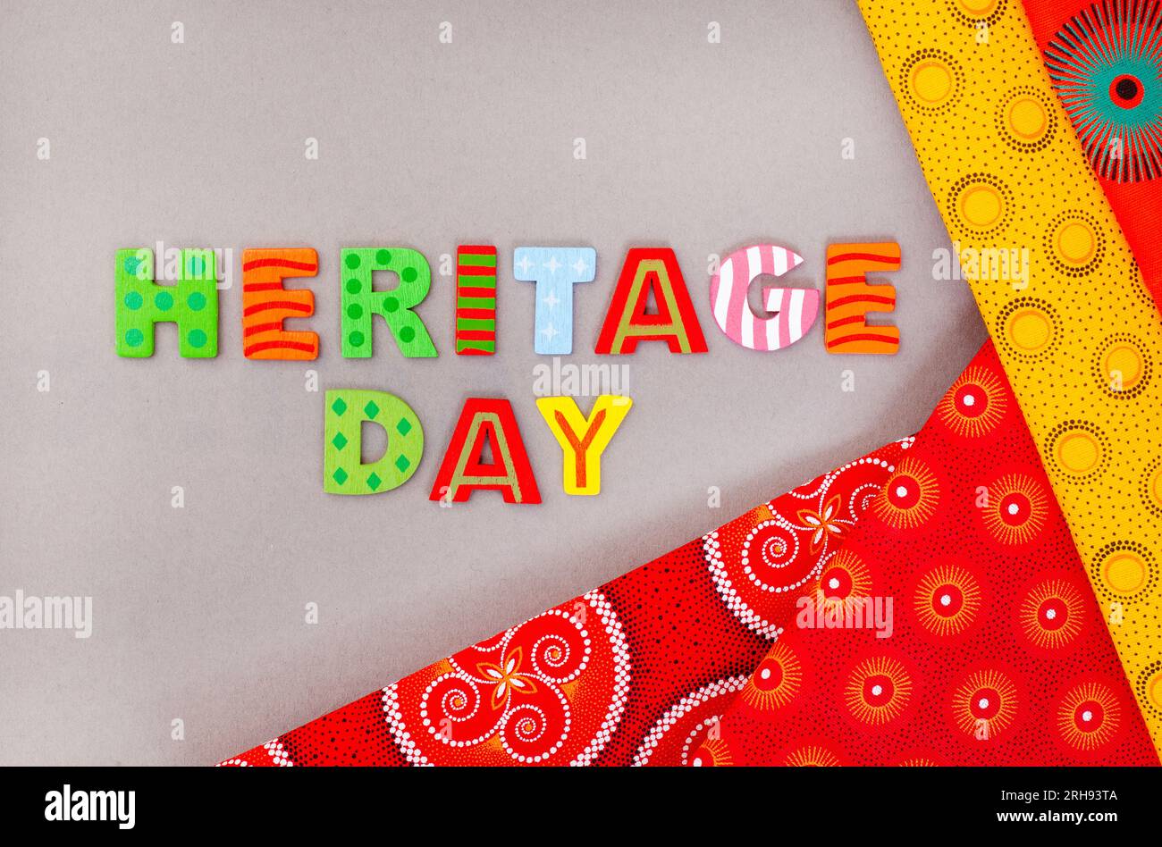 Heritage Day South Africa, 24th September. Heritage Day written in colorful letters with iconic South African printed cloth Stock Photo