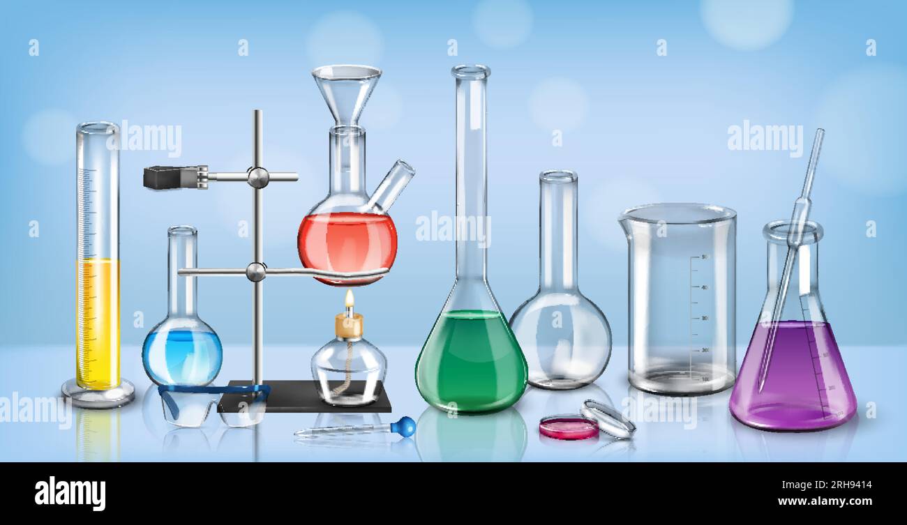 Realistic laboratory composition with front view of glass table with