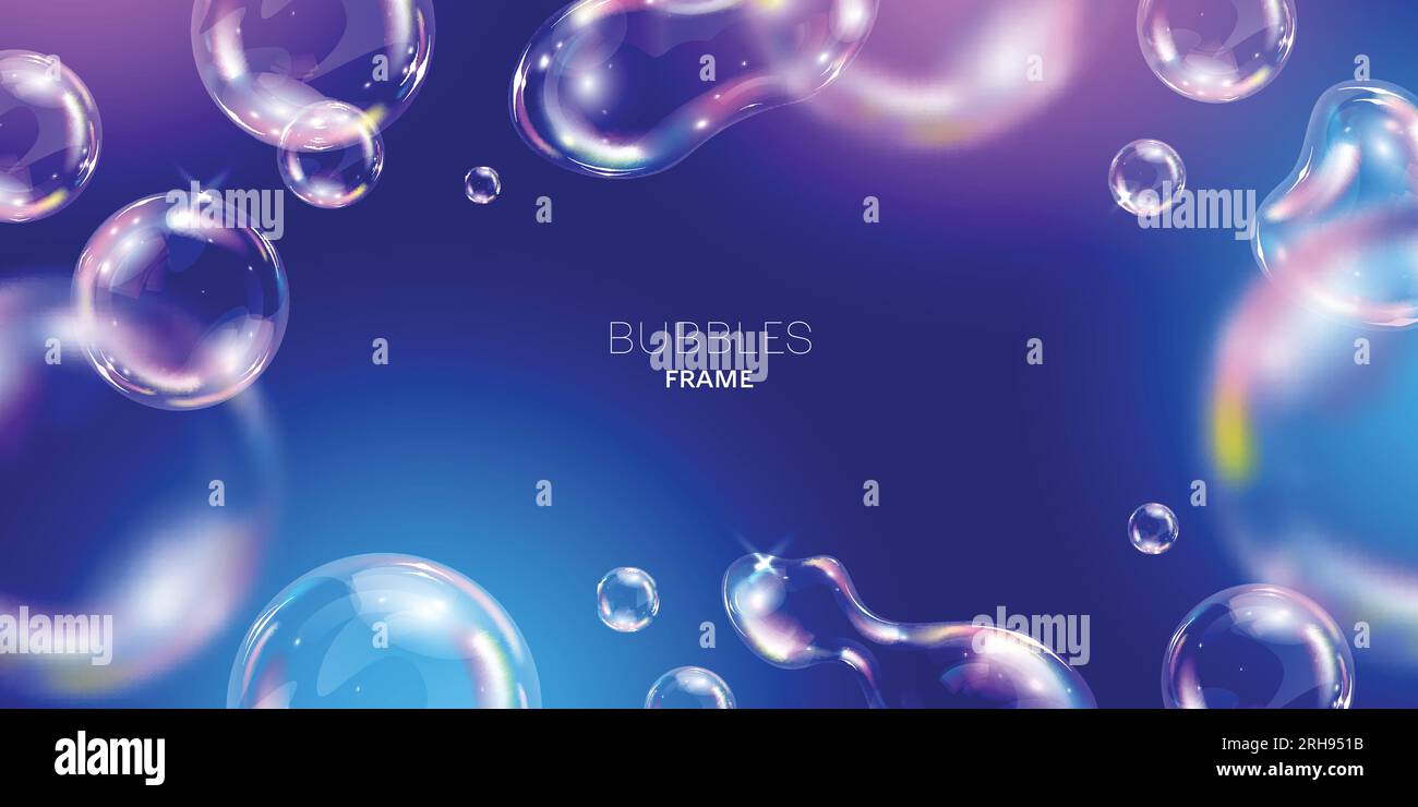 Realistic colorful soap bubbles on blue background frame vector illustration Stock Vector