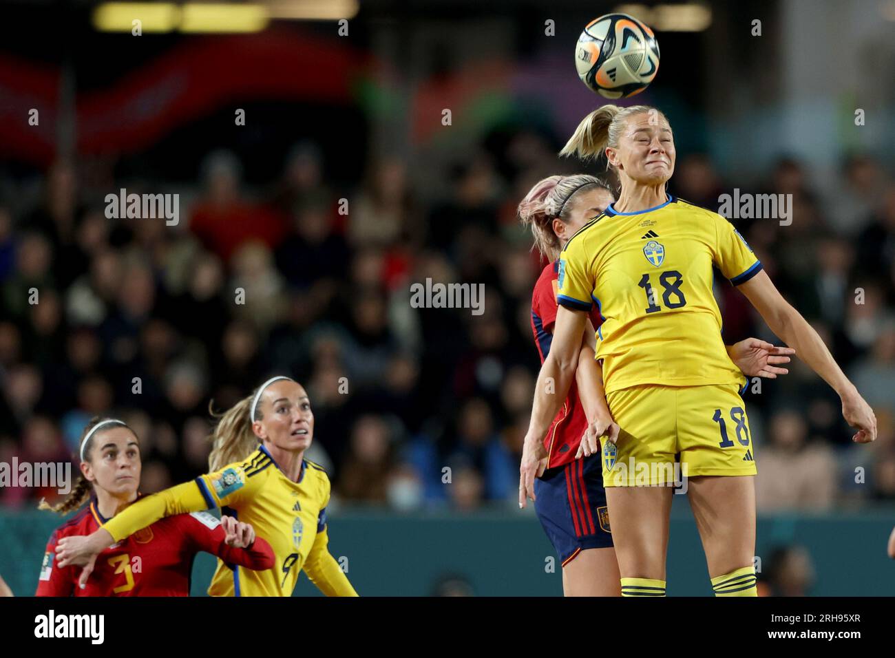 Auckland, New Zealand. 15th Aug, 2023. Fridolina Rolfo of Sweden heads