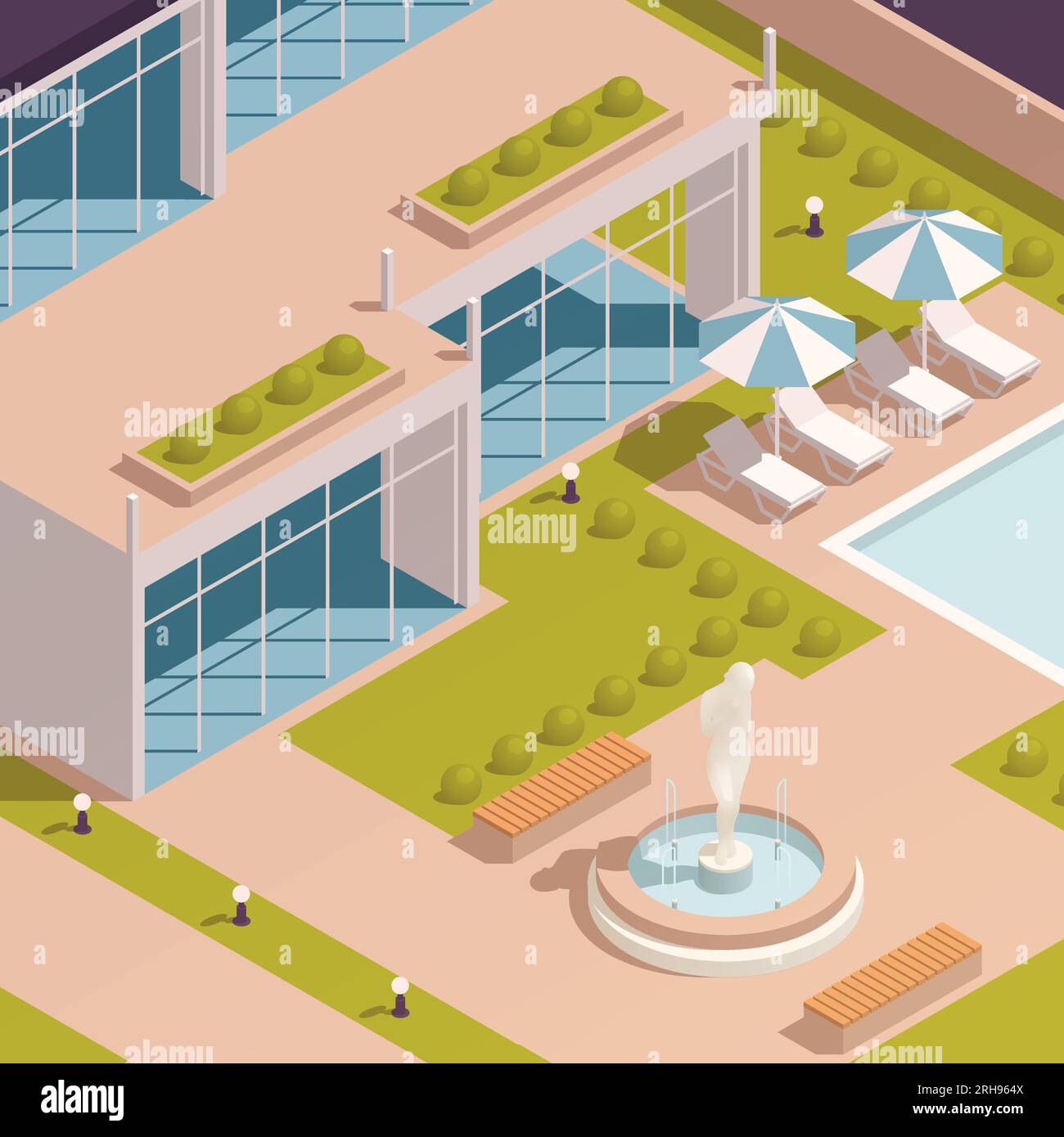 Park fountains ponds gazebo isometric composition with outdoor view of