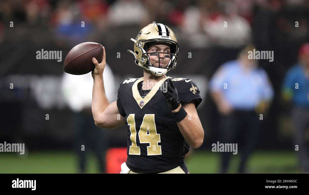 New Orleans Saints quarterback Jake Haener (14) passes in the second