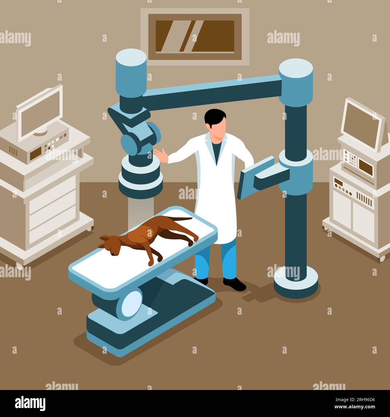 Male veterinary doctor examining dog in xray room isometric vector illustration Stock Vector