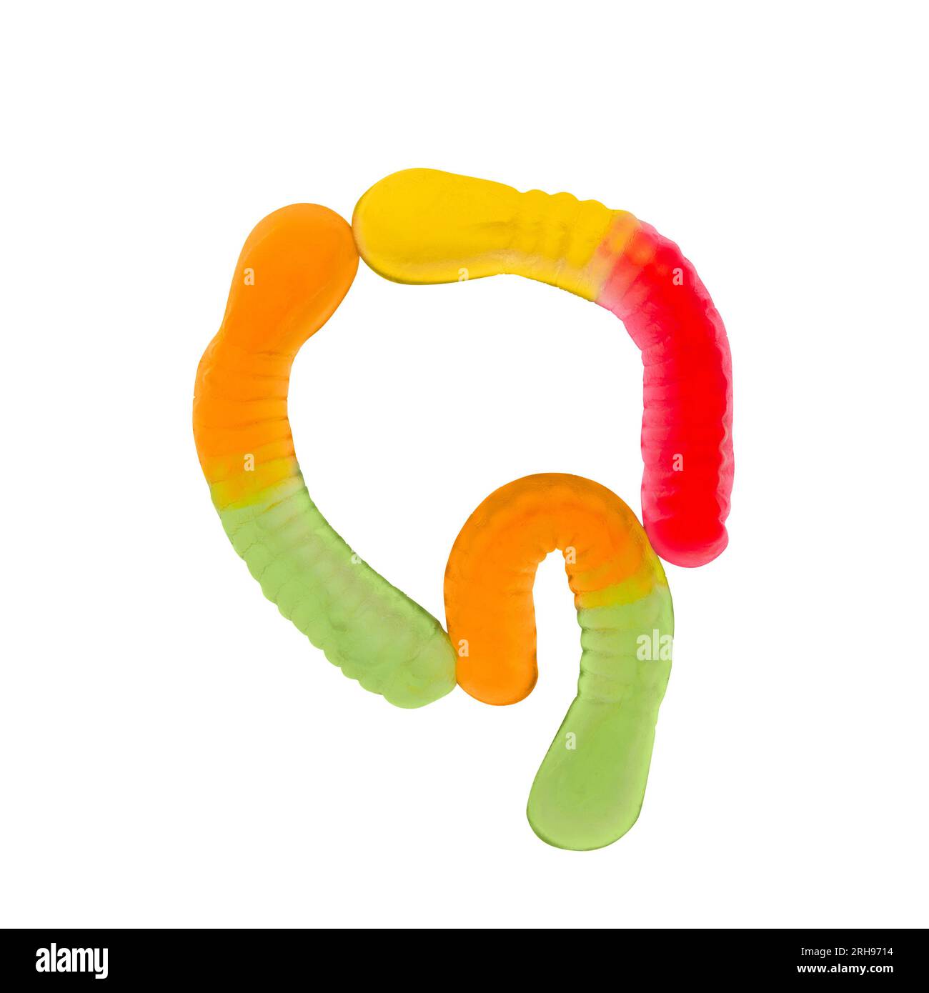 Letter Q made of multicolored gummi worms and isolated on pure white background. Food alphabet concept. One letter of the set of sweet food font easy Stock Photo