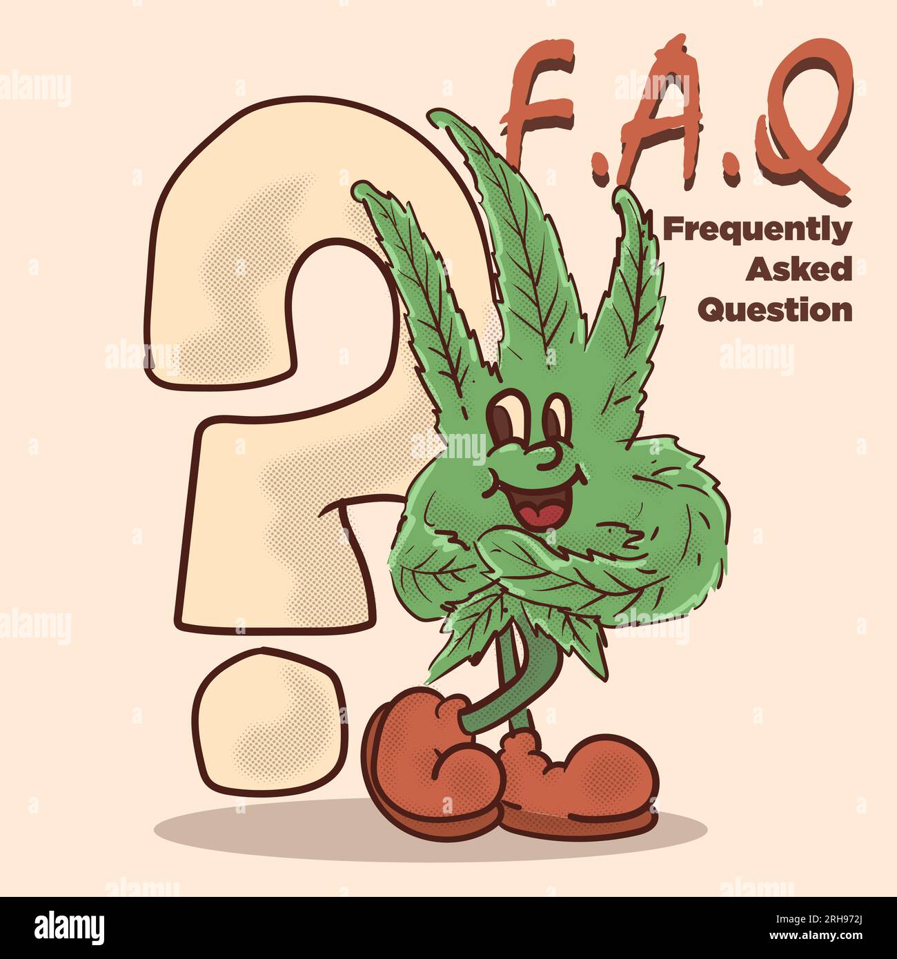 cannabis mascot standing in front of question mark for Frequently aseked question (FAQ) concept. retro ganja with face mascot concept vector illustrat Stock Vector
