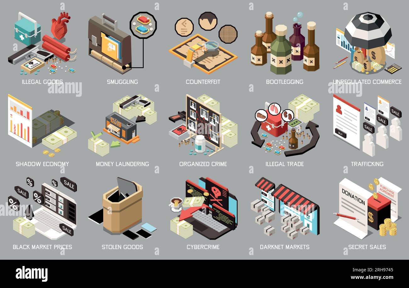Black market isometric icon set with illegal goods smuggling counterfeit bootlegging unregulated commerce shadow economy money laundering descriptions Stock Vector