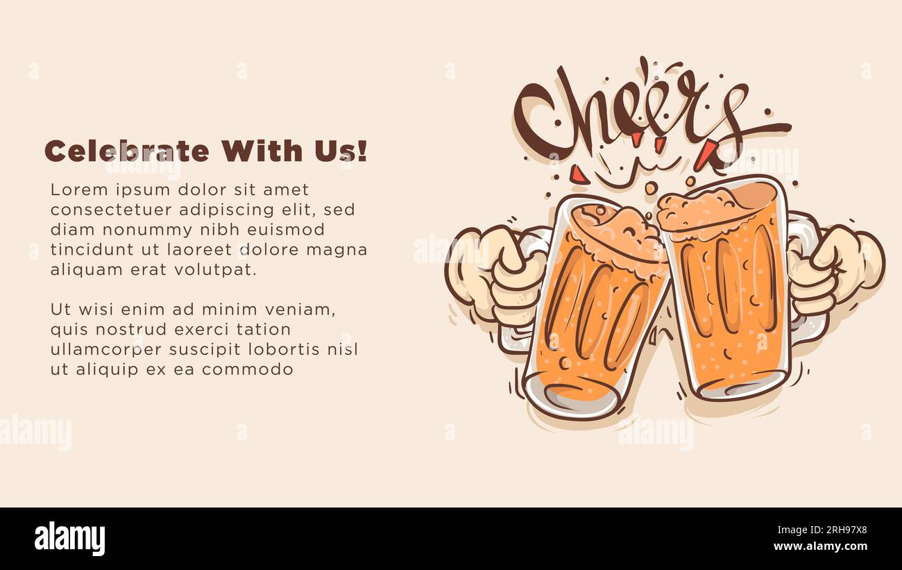 celebrate with us. gass beer toasts celebration concept. template with blank for copoy space. vintage style vector drawing illustration Stock Vector