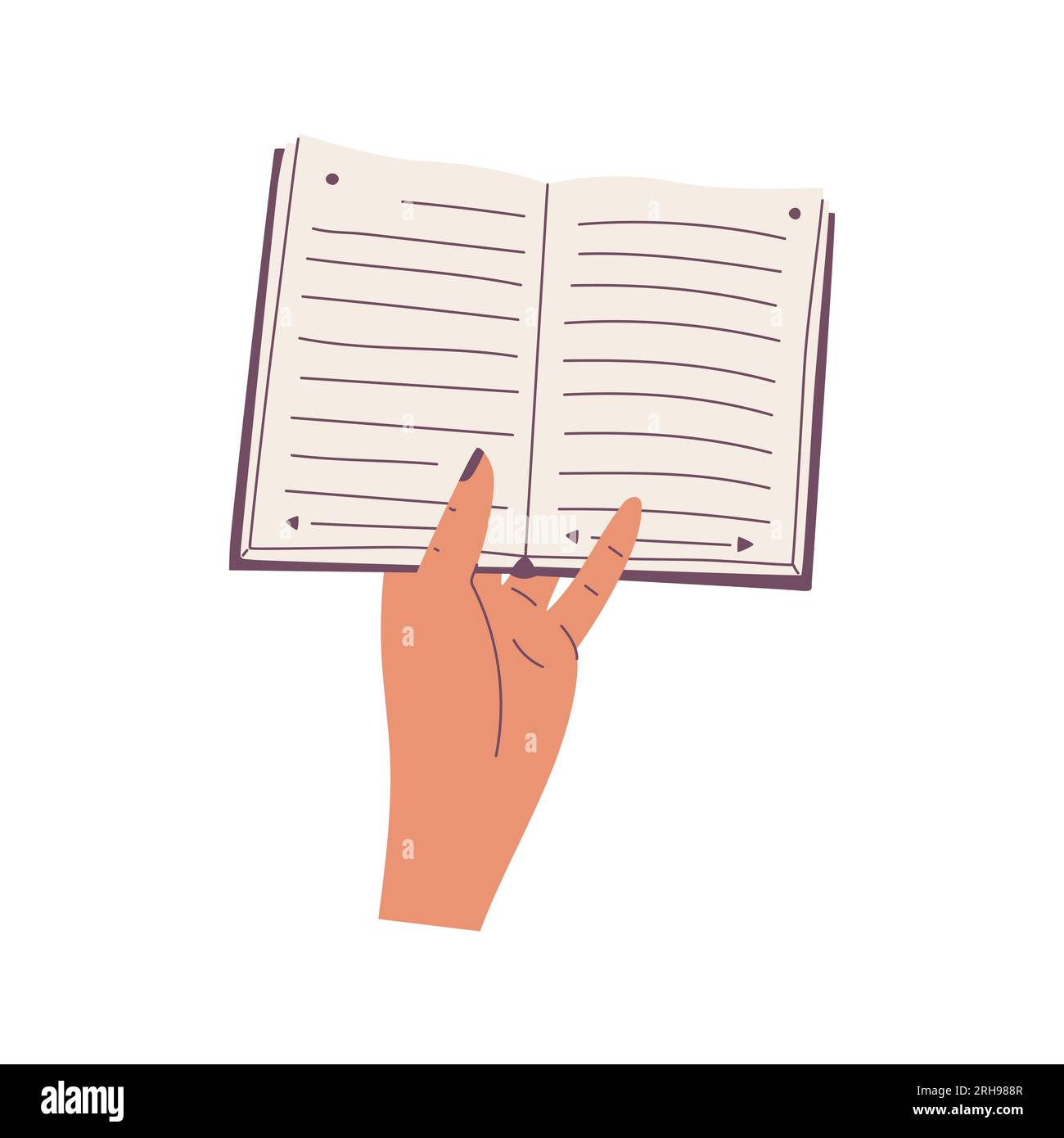 First-Person Perspective. A hand holding an open paper book. The process of reading, studying. Flat cartoon vector illustration isolated on a white ba Stock Vector