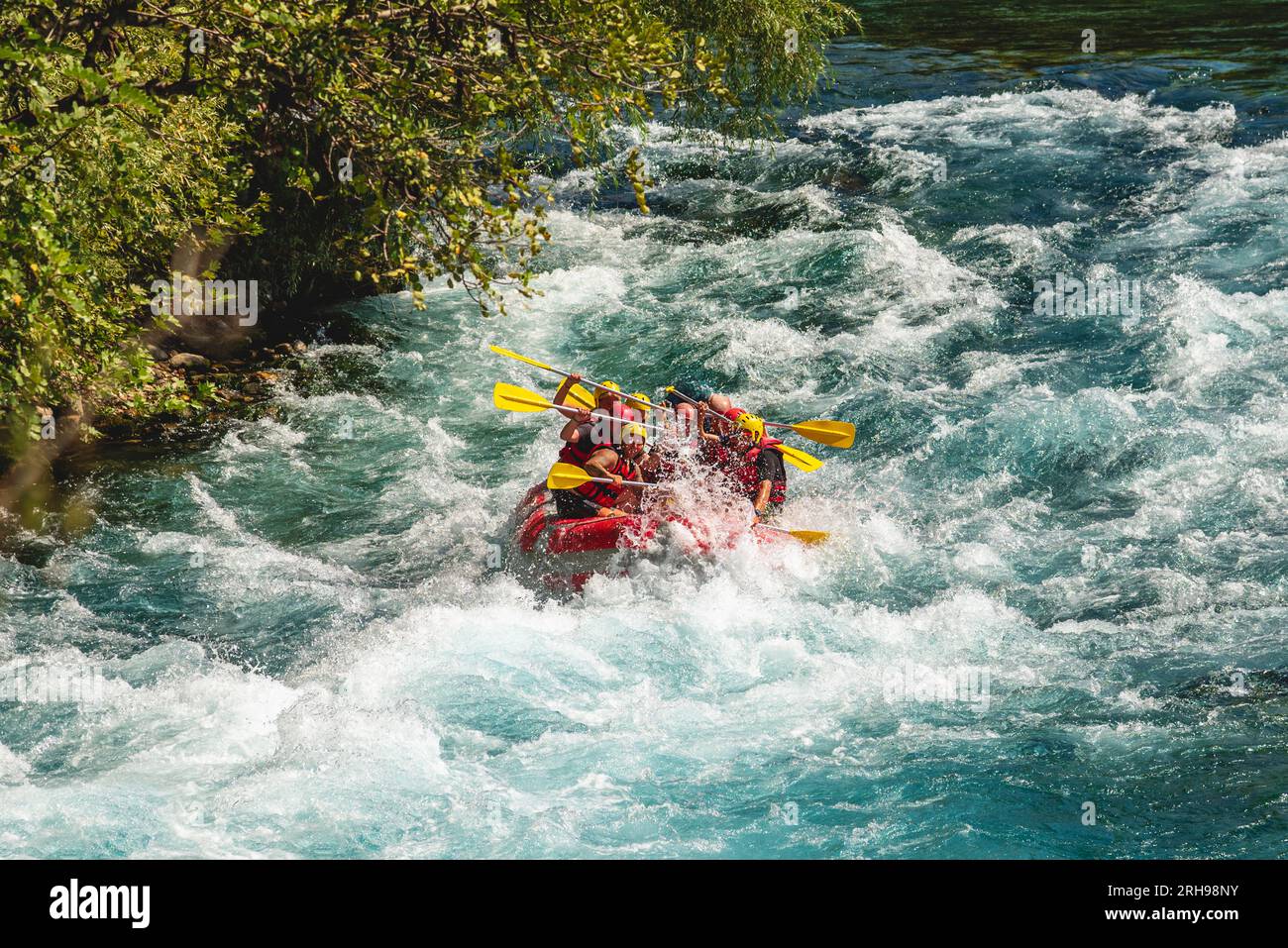 Antalya, Türkiye - August 10, 2021: Rafting on a big rafting boat on the river in Antalya Koprulu Canyon Stock Photo