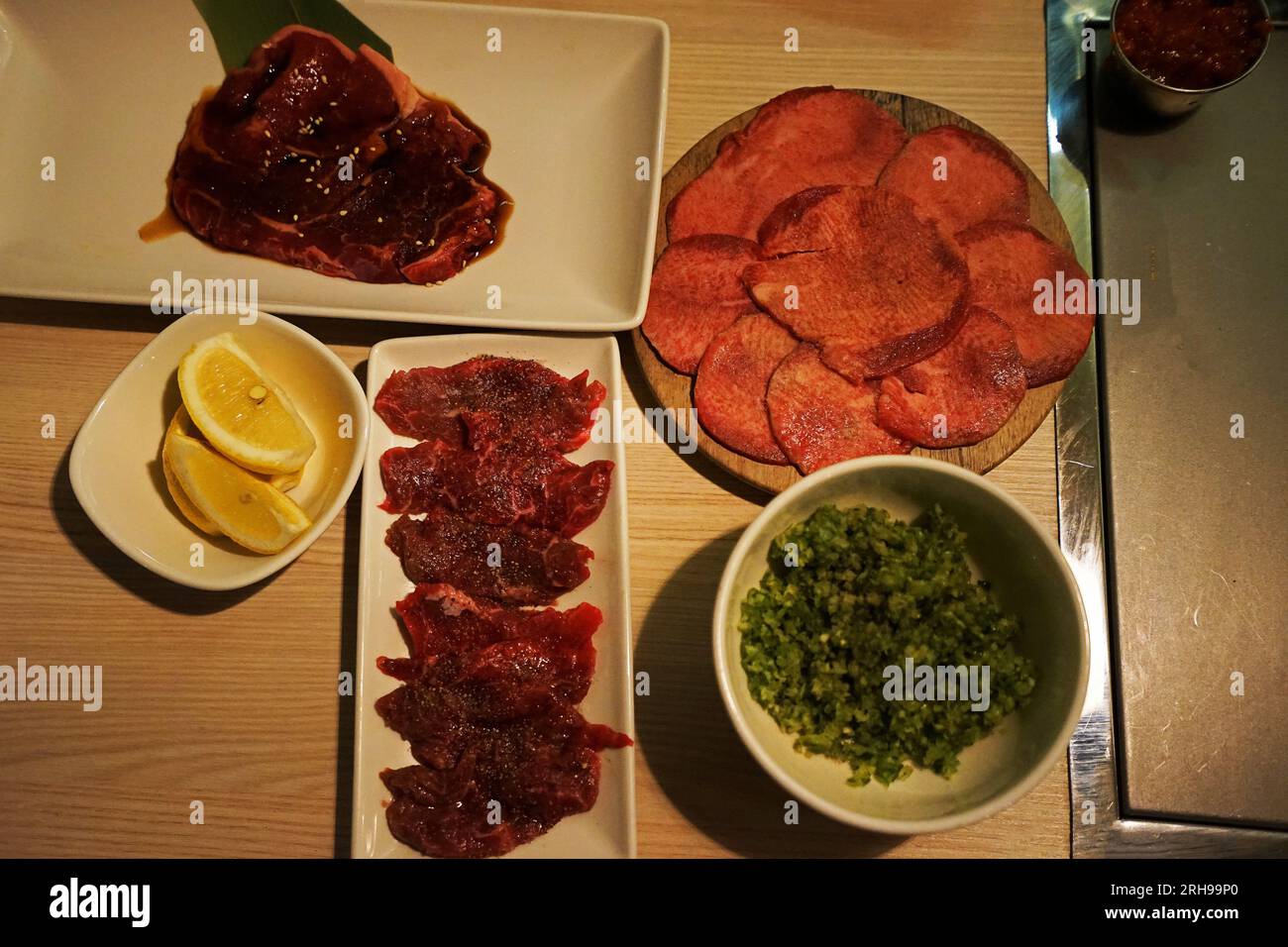 Close up pork and beef Yakiniku, Japanese style barbecue Stock Photo