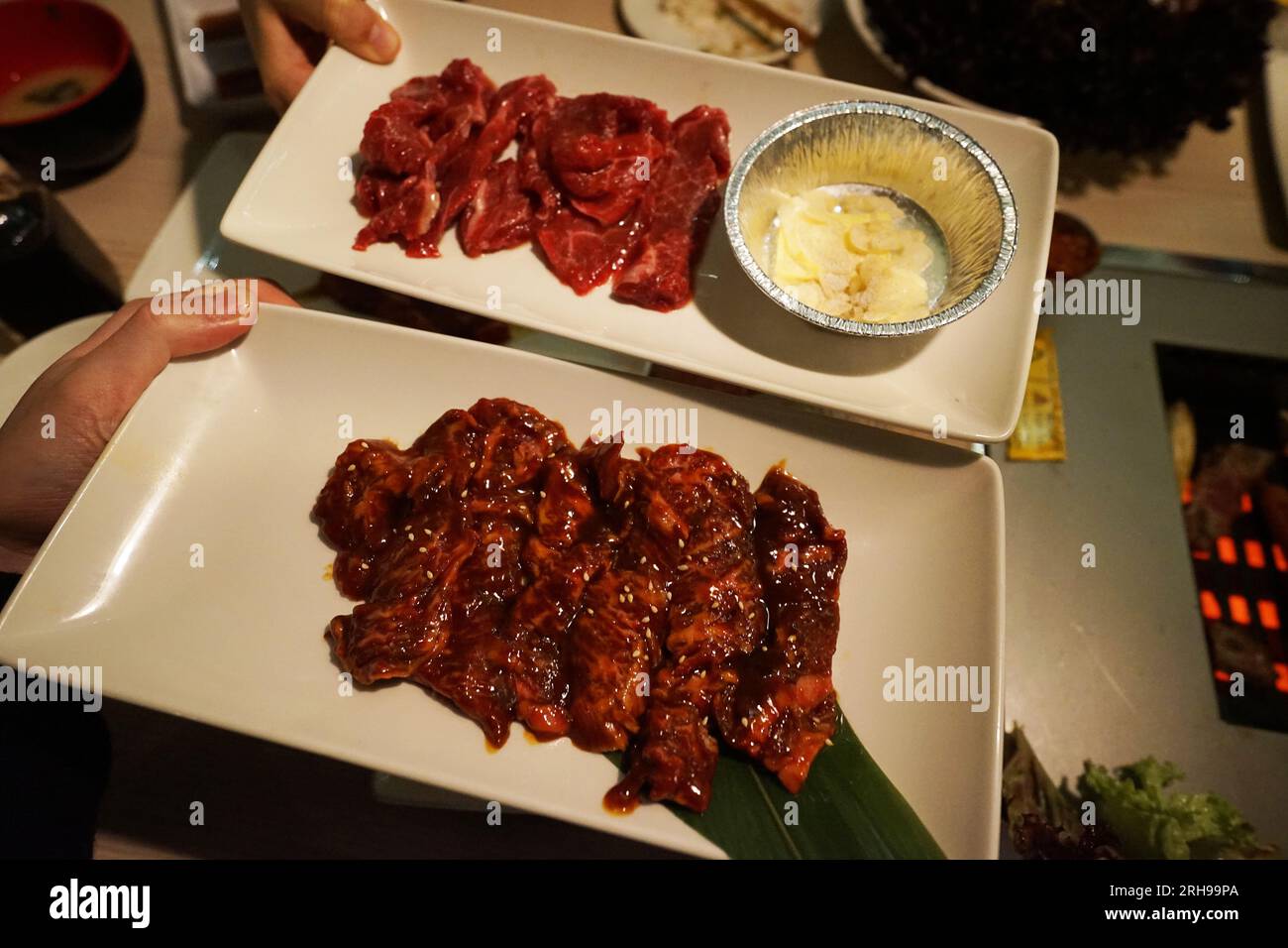 Close up pork and beef Yakiniku, Japanese style barbecue Stock Photo