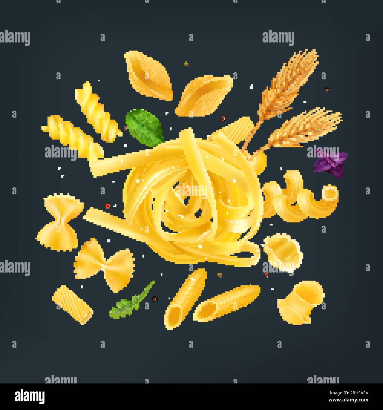 Wheat italian pasta composition with farfalle tagliatelle gnocchi rigatoni fusulli and herbs on black background realistic vector illustration Stock Vector