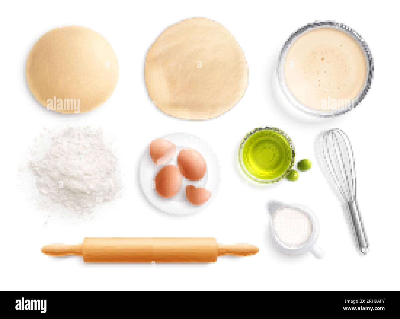Bakery set with realistic top view images of essential ingredients and kitchen tools for cooking session vector illustration Stock Vector