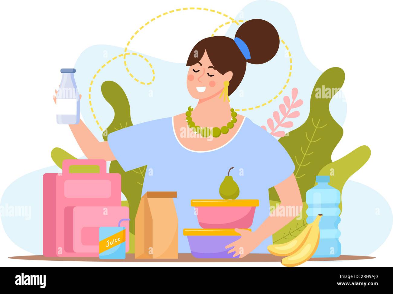 Lunch box flat composition with female character holding plastic food ...