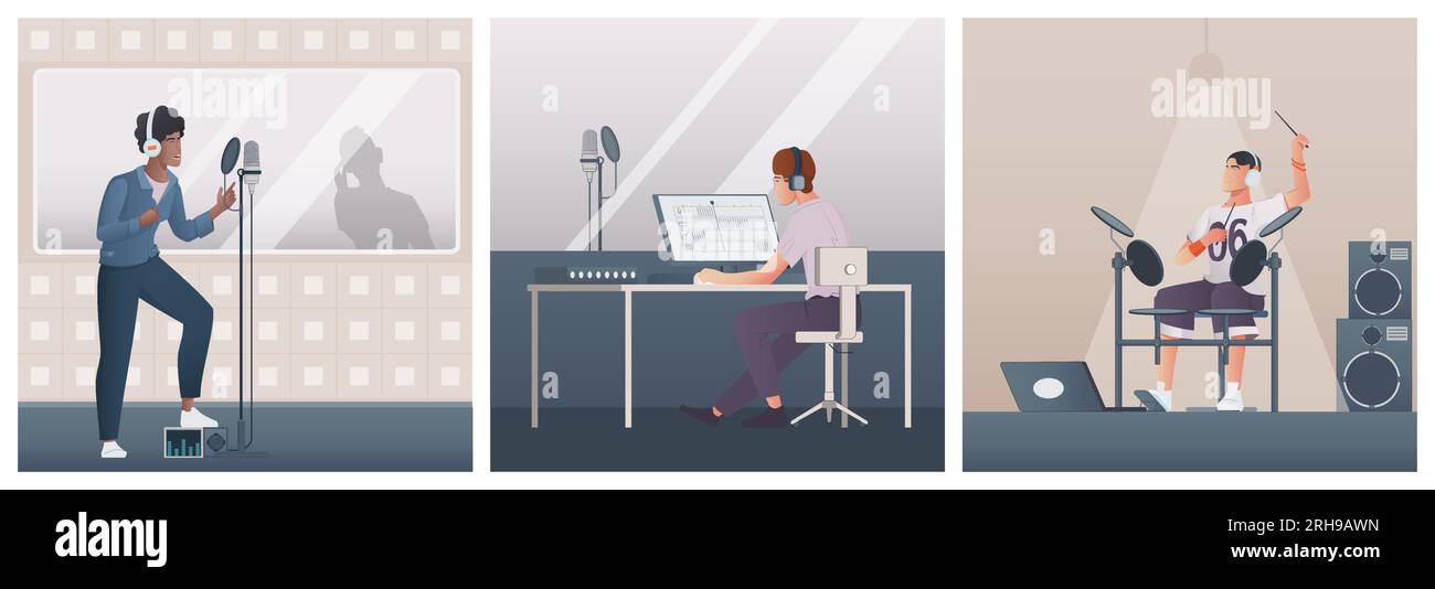 Digital music three square illustrations with young people recording