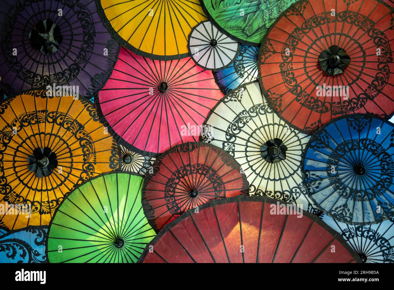 Display of colorful umbrellas in Burma, Myanmar Stock Photo