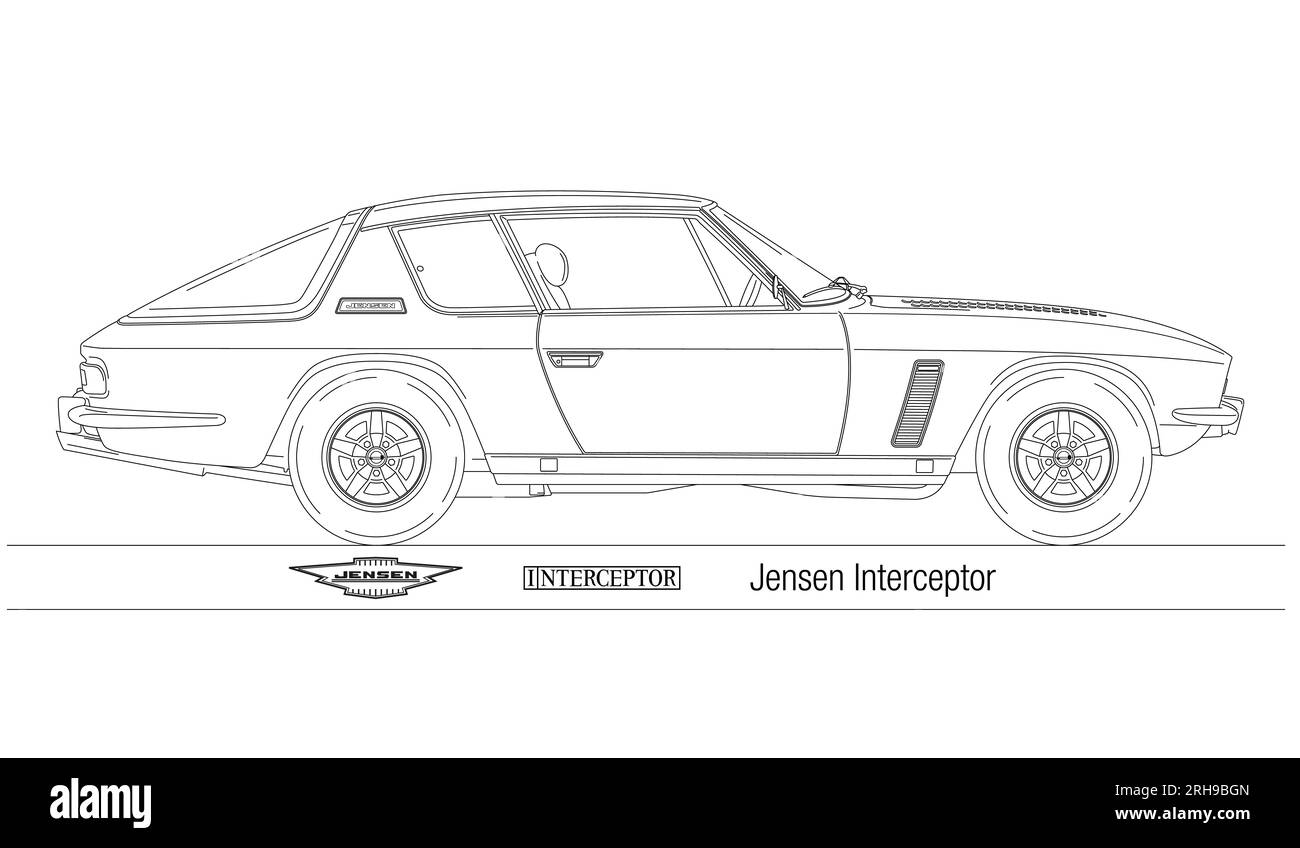 United Kingdom, year 1966, Jensen Interceptor vintage car silhouette, drawing outlined on the white background, illustration Stock Photo