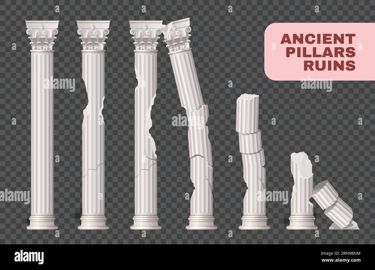 Pillars ruins ancient damaged set of isolated images with solid cracked ancient columns on transparent background vector illustration Stock Vector