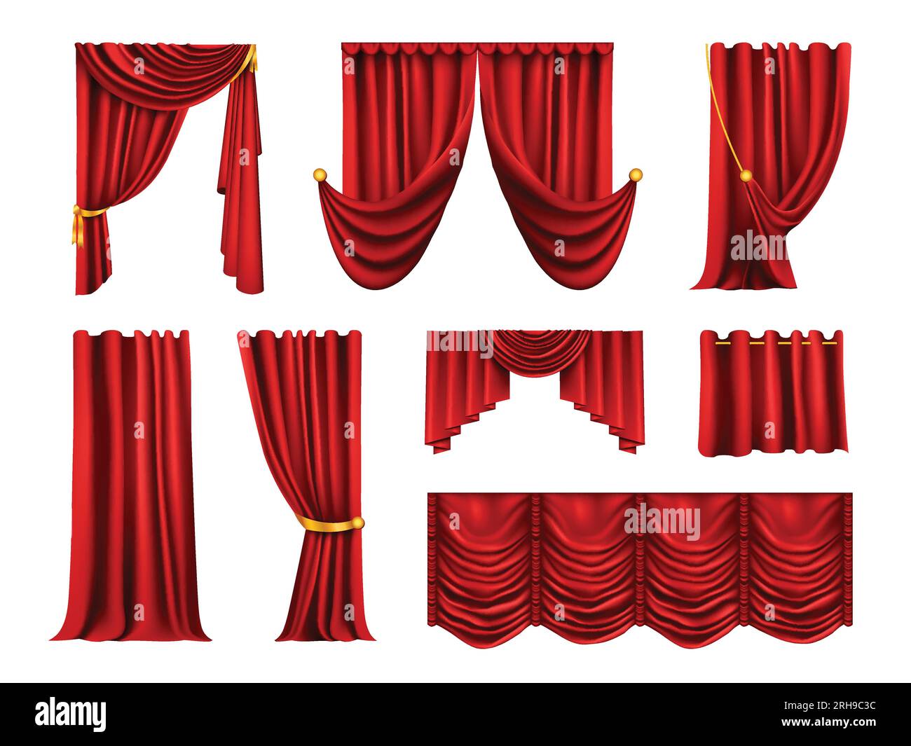 Realistic curtains draperies set with blank background and isolated