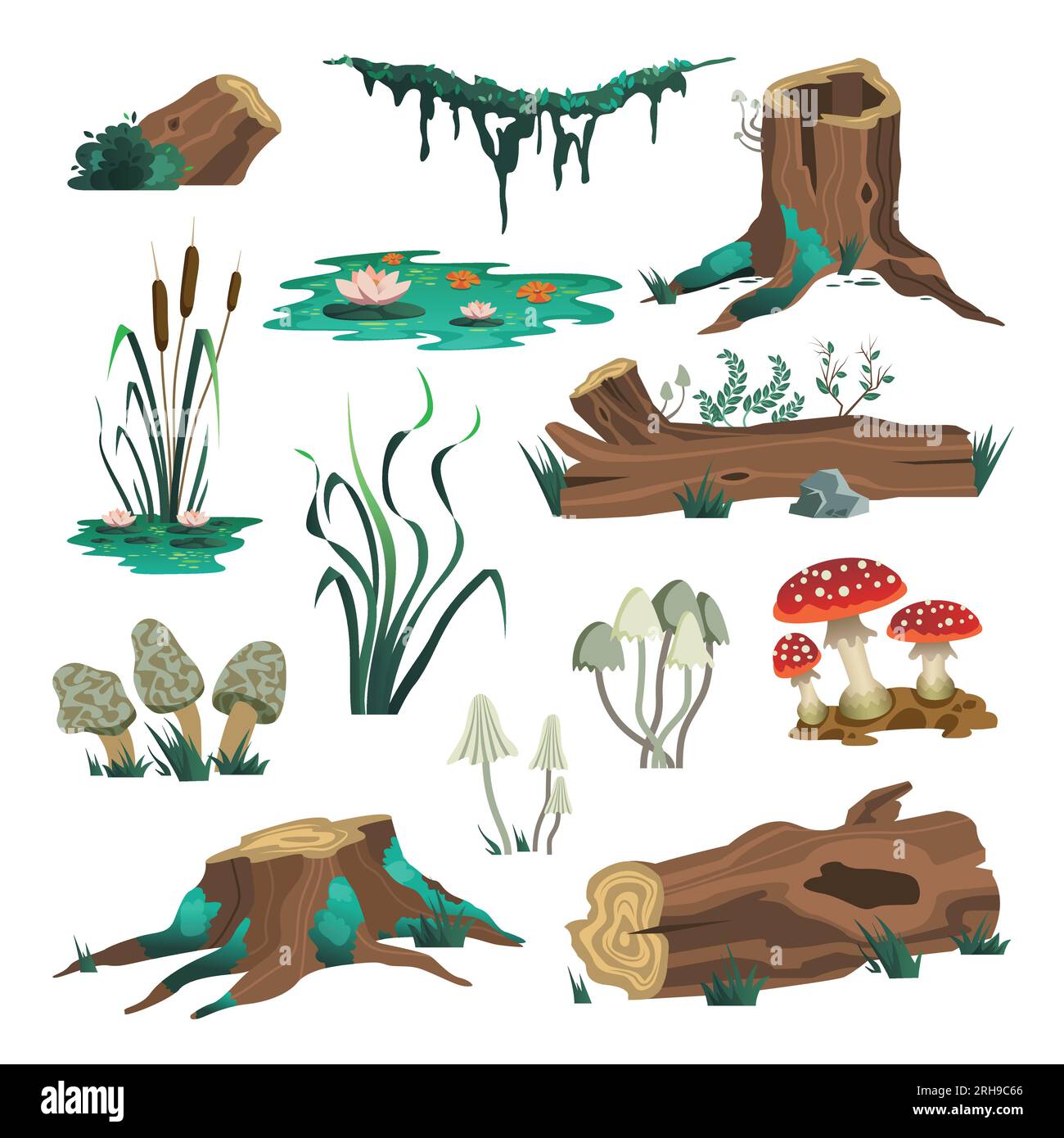 Set of isolated wild forest images with moss logs mushrooms and swamp elements on blank background vector illustration Stock Vector