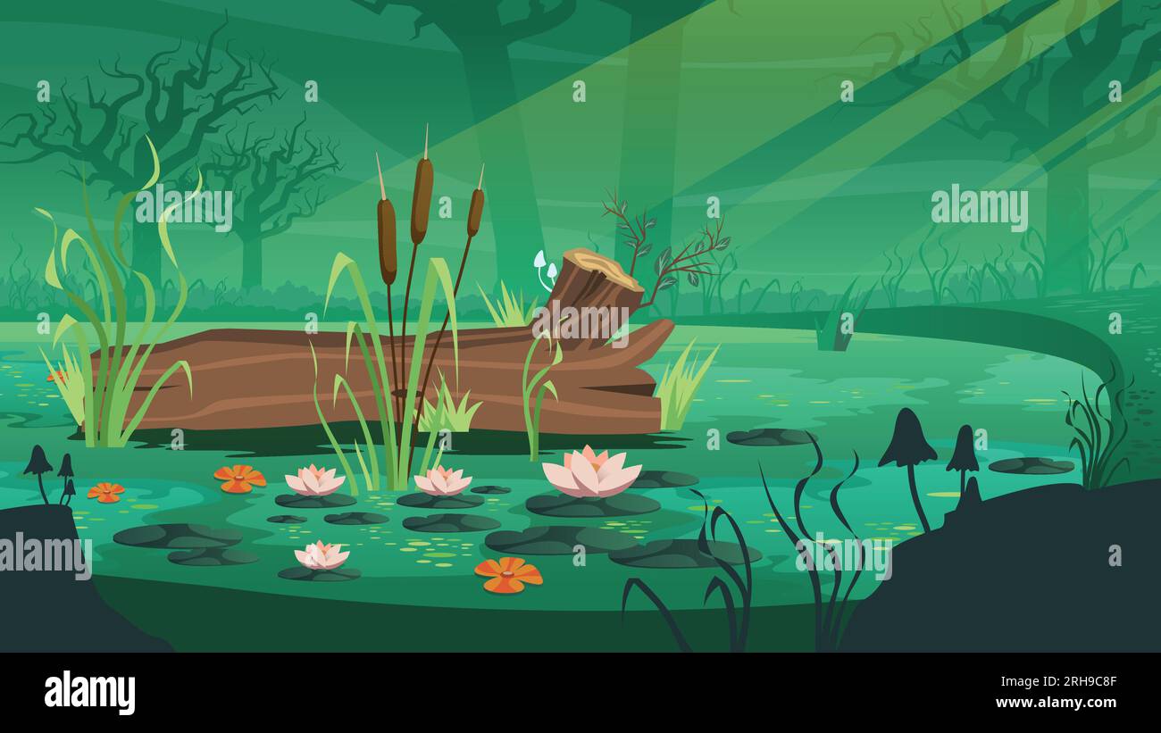 Swamp forest composition with colorful background rays of light and wooden trunk with flowers on water vector illustration Stock Vector