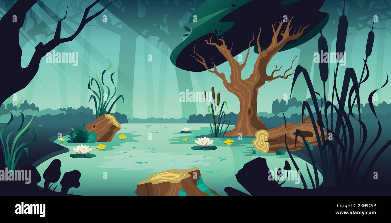Swamp forest composition with cartoon style landscape huge trees and water with plants and water flowers vector illustration Stock Vector