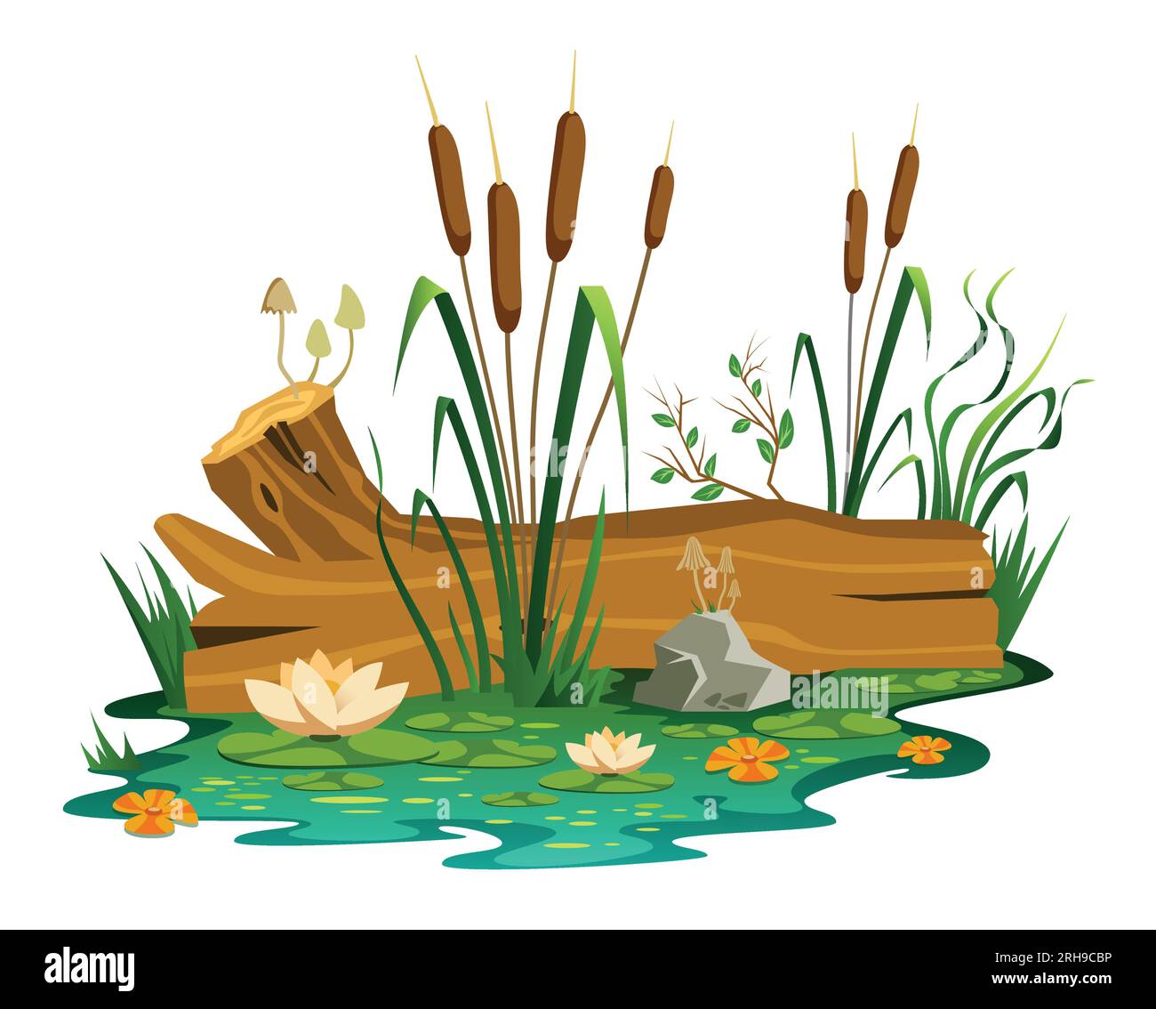 Swamp composition with isolated view of marsh with water lilac flowers stones mushrooms and wooden trunk vector illustration Stock Vector