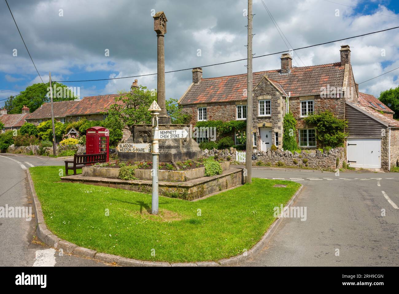 Ubley Cross war memorial in the village of Ubley in the Chew Valley, Bath and North East Somerset, England. Stock Photo