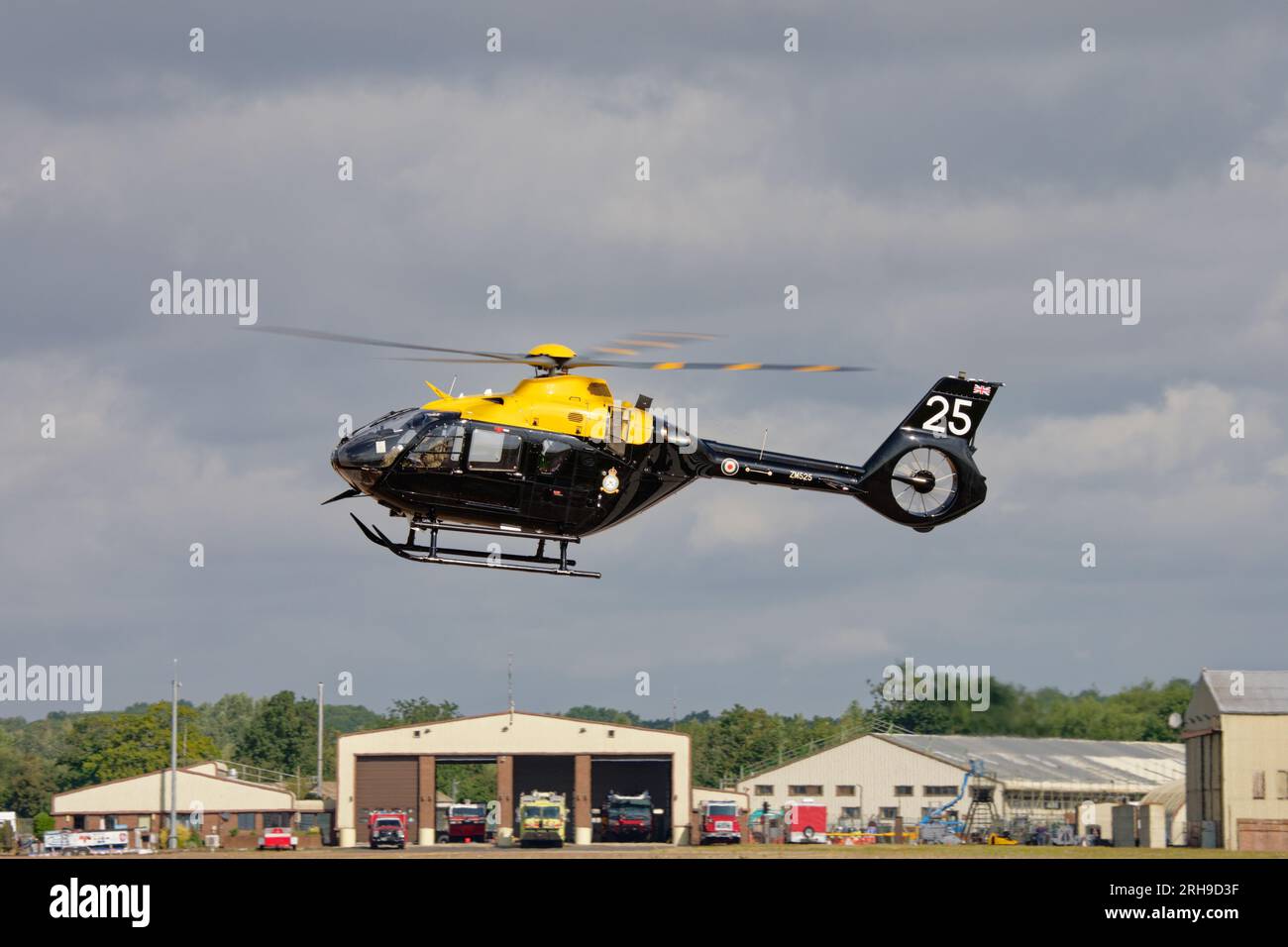 British Defence Helicopter Flying School Juno HT1 Eurocopter EC135 ZM525 arrives at RAF Fairford in Southern England to attend the RIAT Stock Photo