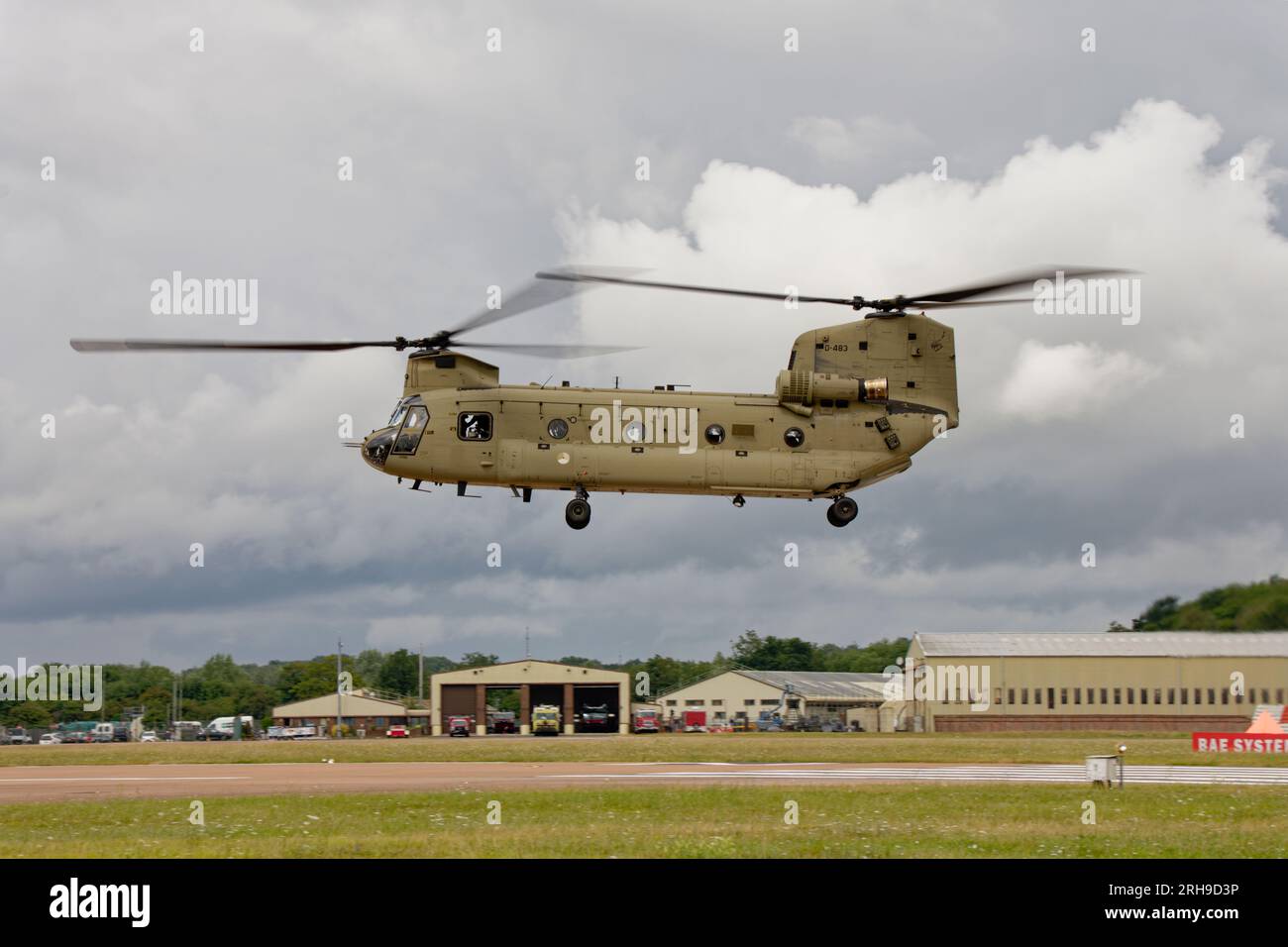 Boeing CH-47F Chinook Helicopter D-483 of 298 Squadron Netherlands Air Force arrives at RAF Fairford in Southern England to participate in the RIAT Stock Photo