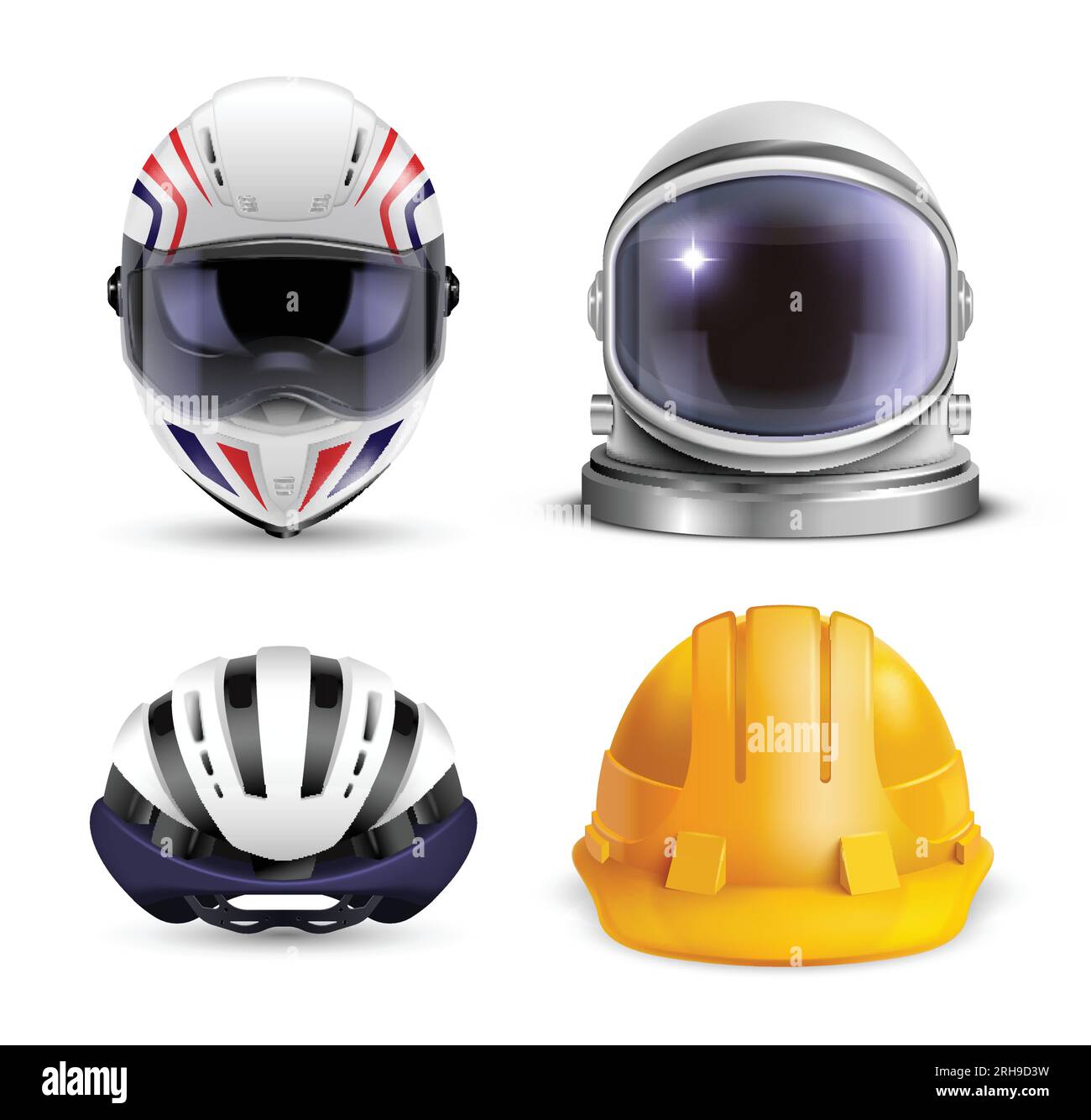 Realistic helmet set with four isolated images of construction hard hat