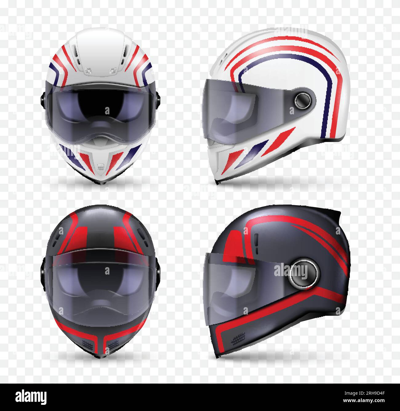 Realistic helmet motorbike set of isolated front and side view images of crash helmet with artwork vector illustration Stock Vector