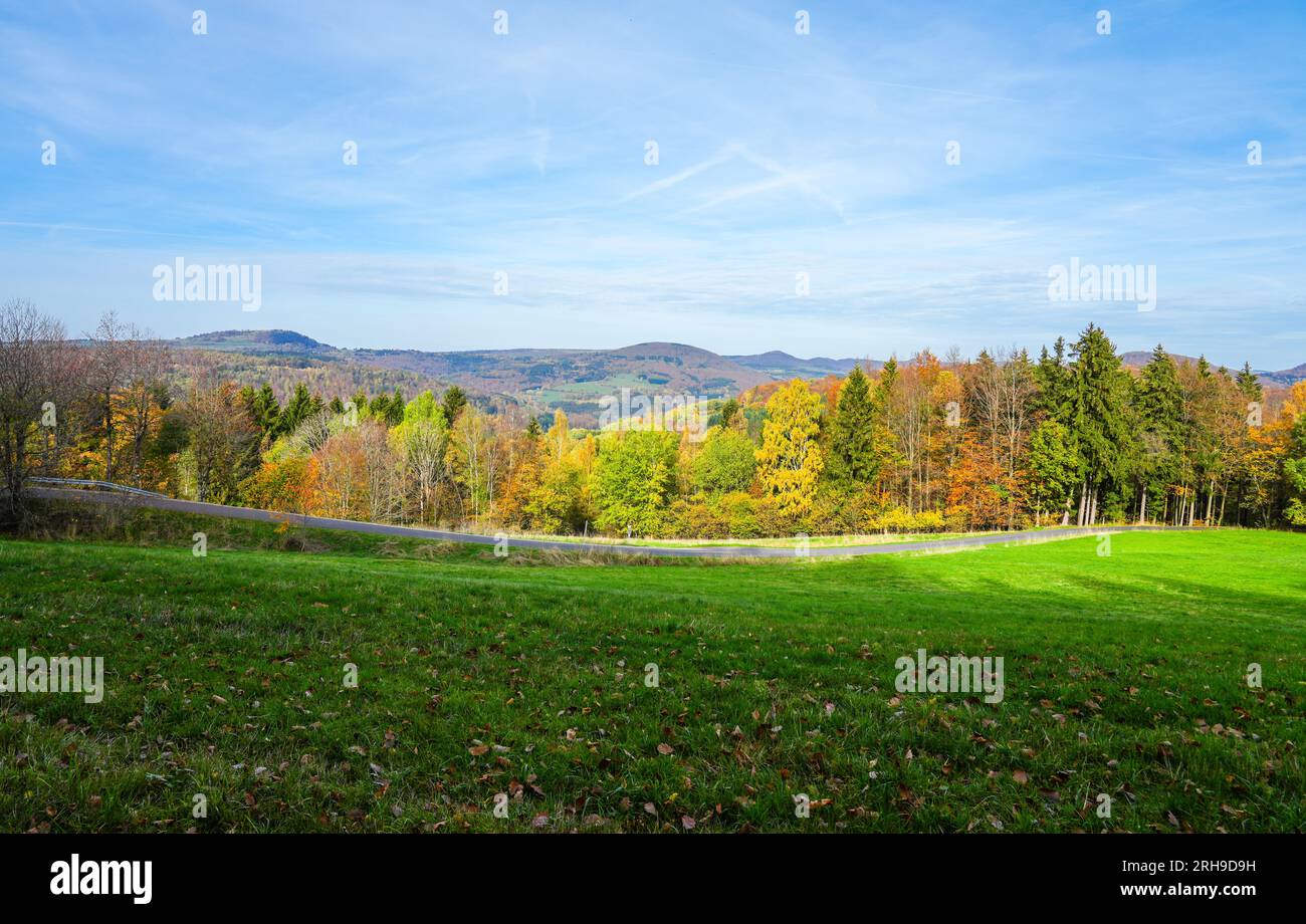 View of nature and the Rhön near Riedenberg. Autumn forest in the low mountain range. Stock Photo