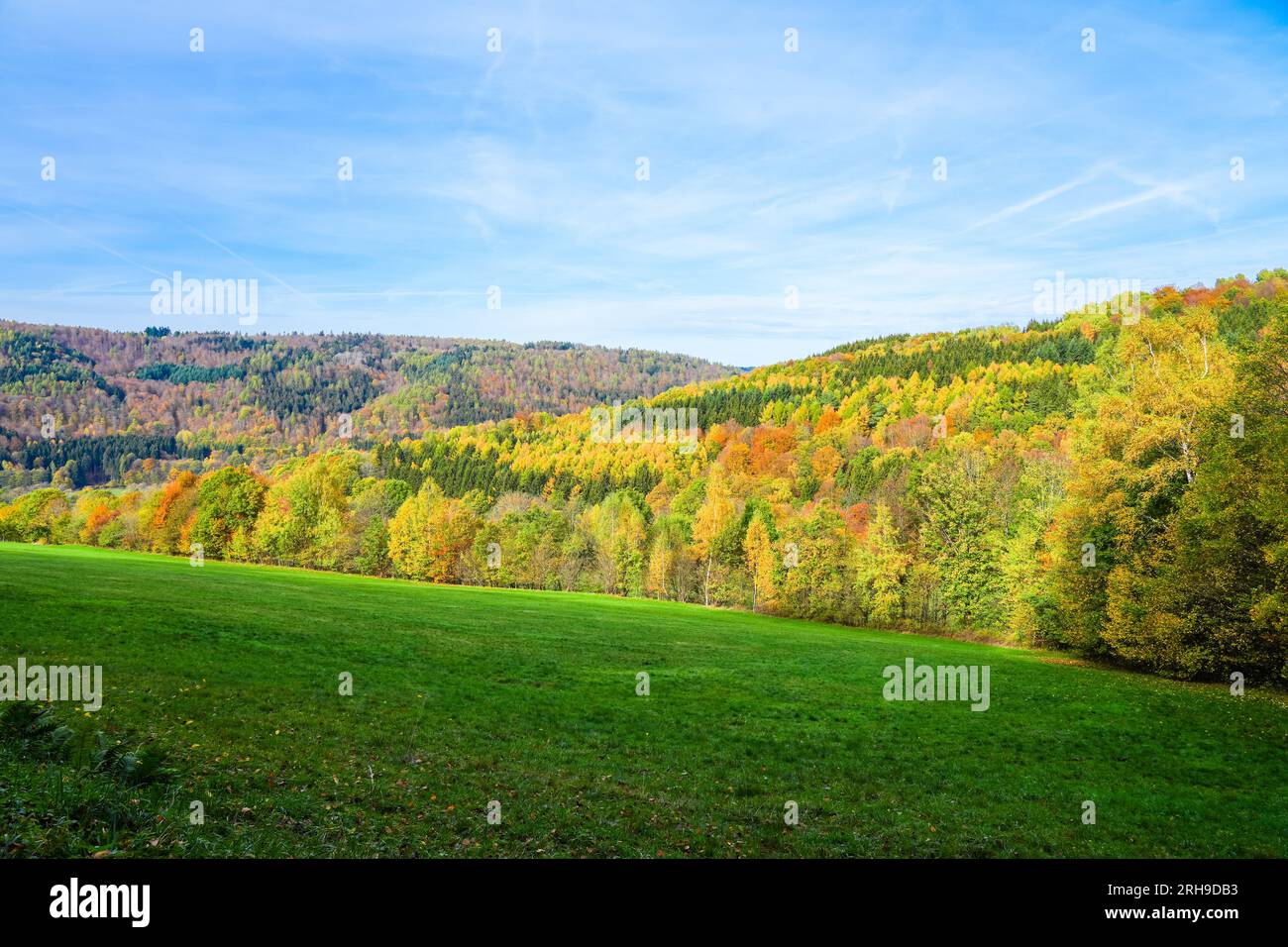 View of nature and the Rhön near Riedenberg. Autumn forest in the low mountain range. Stock Photo