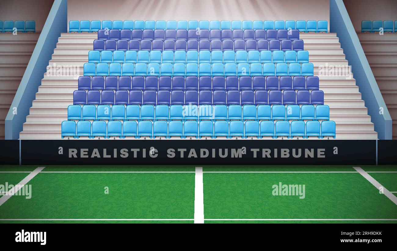 Realistic stadium tribune composition with playing field view and sector of empty seats for sport fans vector illustration Stock Vector