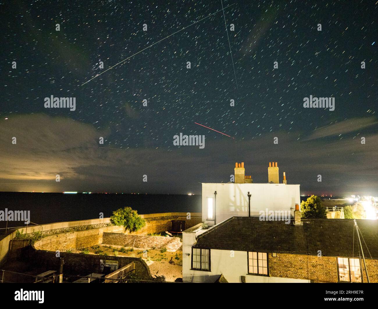 Sheerness, Kent, UK. 14th Aug, 2023. UK Weather plane and star trails