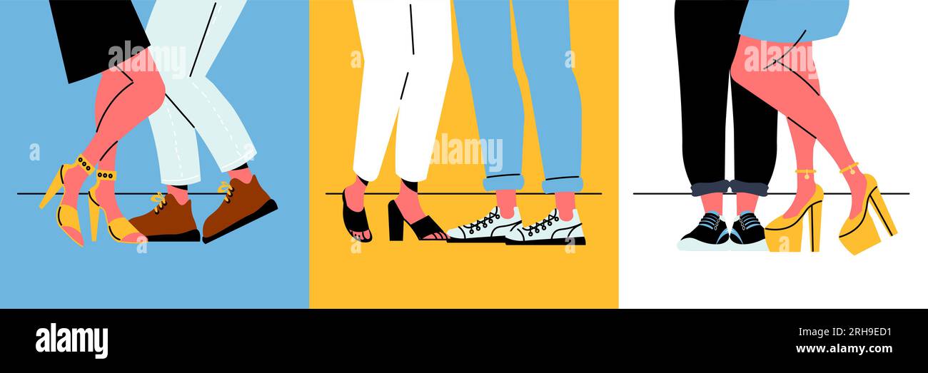 Male and female legs wearing trainers and high heel shoes flat isolated vector illustration Stock Vector