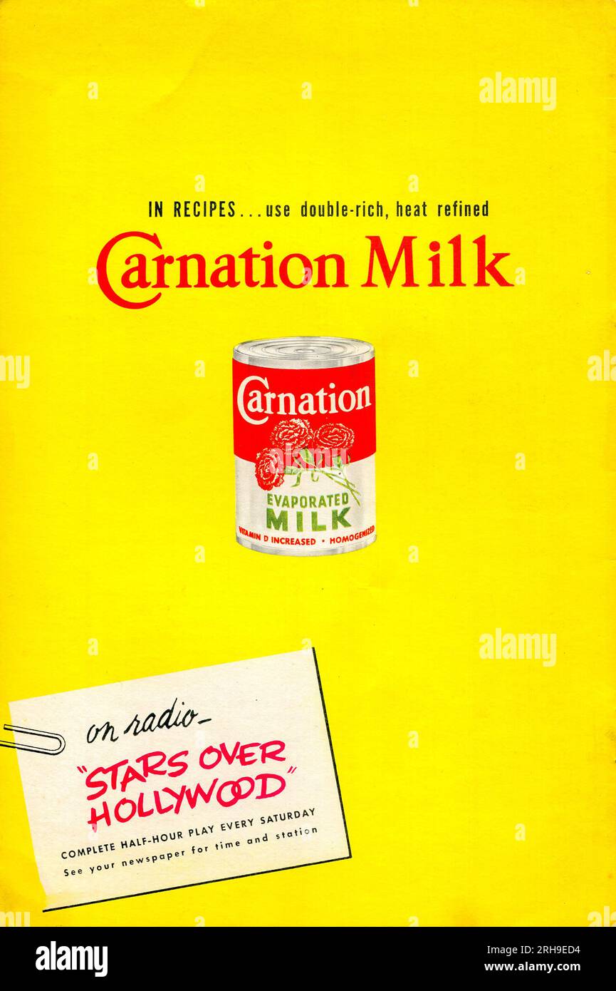 A 1950's magazine advertisement for Carnation Milk and 'Stars over Hollywood' a radio anthology produced in the United States between 1941 and 1954. It was also broadcast in Australia over a similar period on stations including 2CH in Sydney. See Alamy Image ID: 2RH9ECE for front cover of the same publication Stock Photo