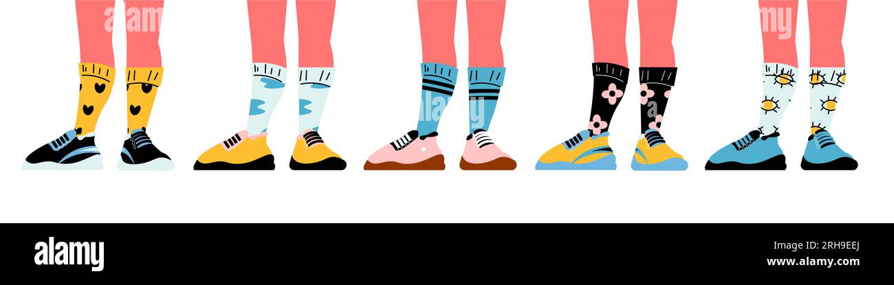 Human legs wearing trendy sneakers and colorful socks flat isolated vector illustration Stock Vector