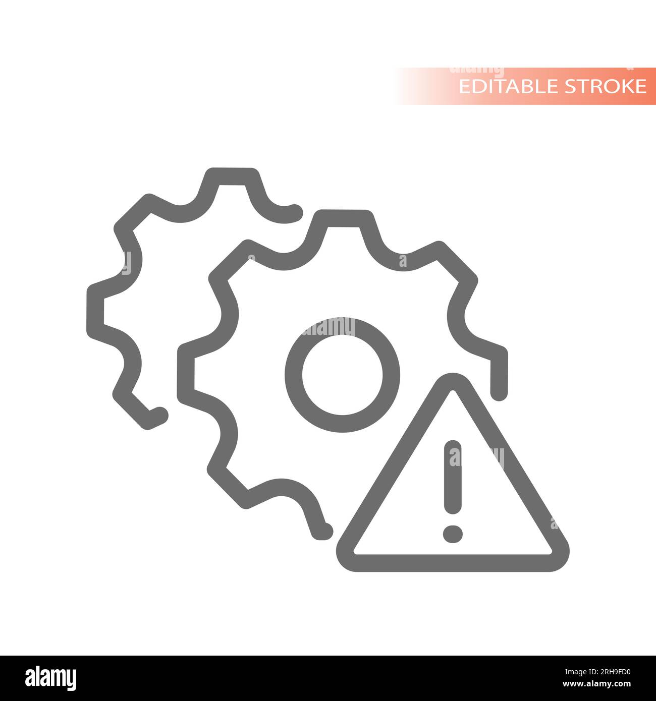 Gear and warning exclamation mark or point sing. System breach, danger or error line vector icon. Stock Vector