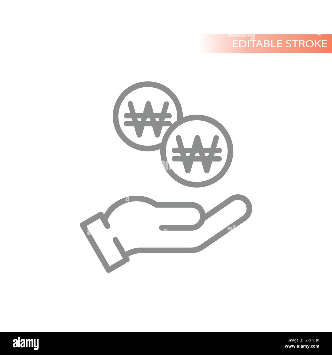 Money Korean won coin and hand icon. Simple South Korea currency line vector symbol. Stock Vector
