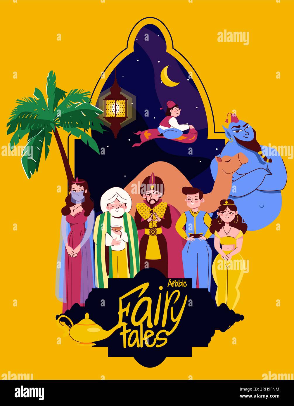 Oriental fairy tales flat poster with cartoon characters from tales of