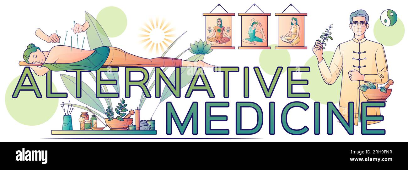 Alternative medicine flat line composition with text and yoga poses