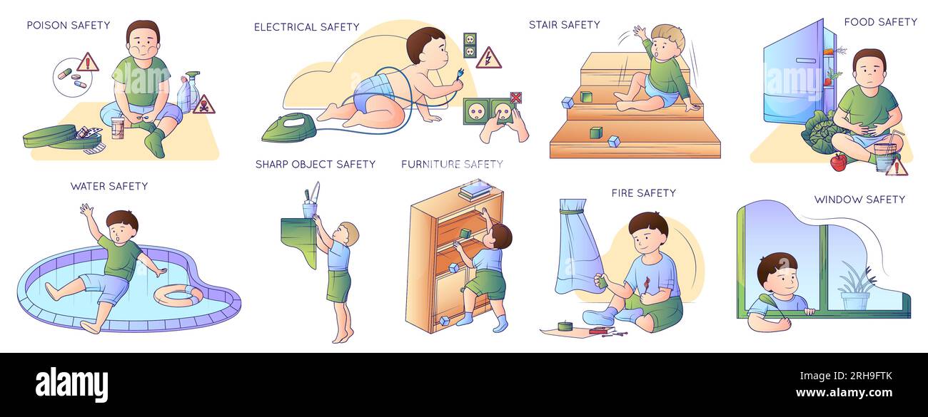 Child safety flat line set of isolated compositions with doodle