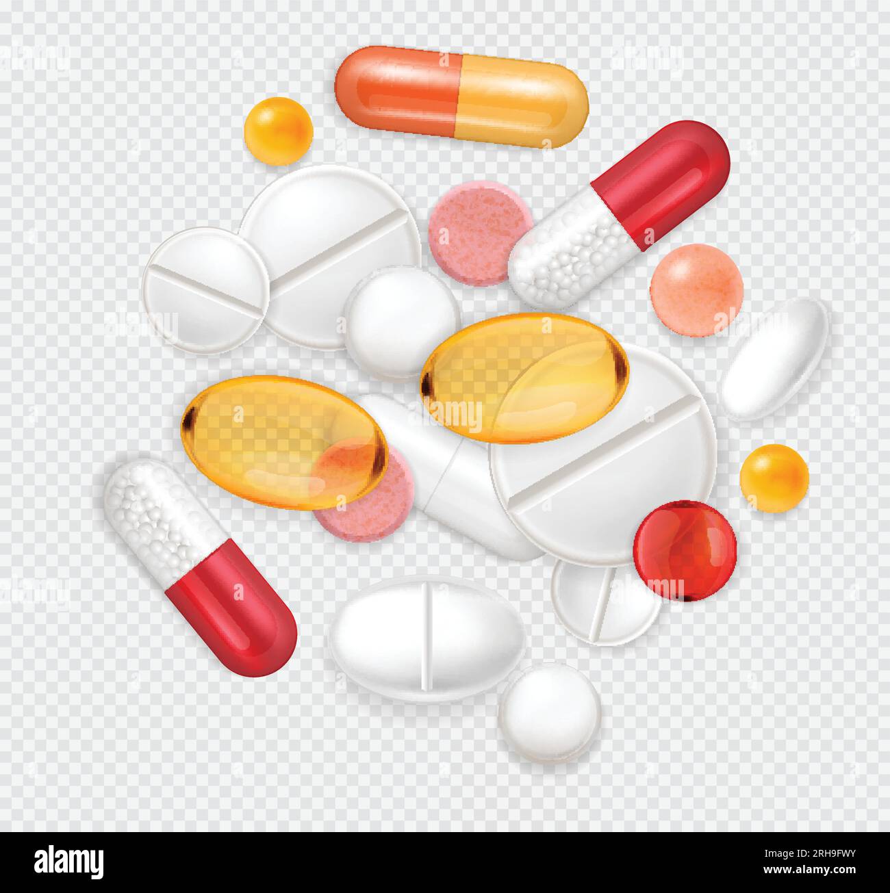 Realistic pills capsules composition with bunch of medical drugs