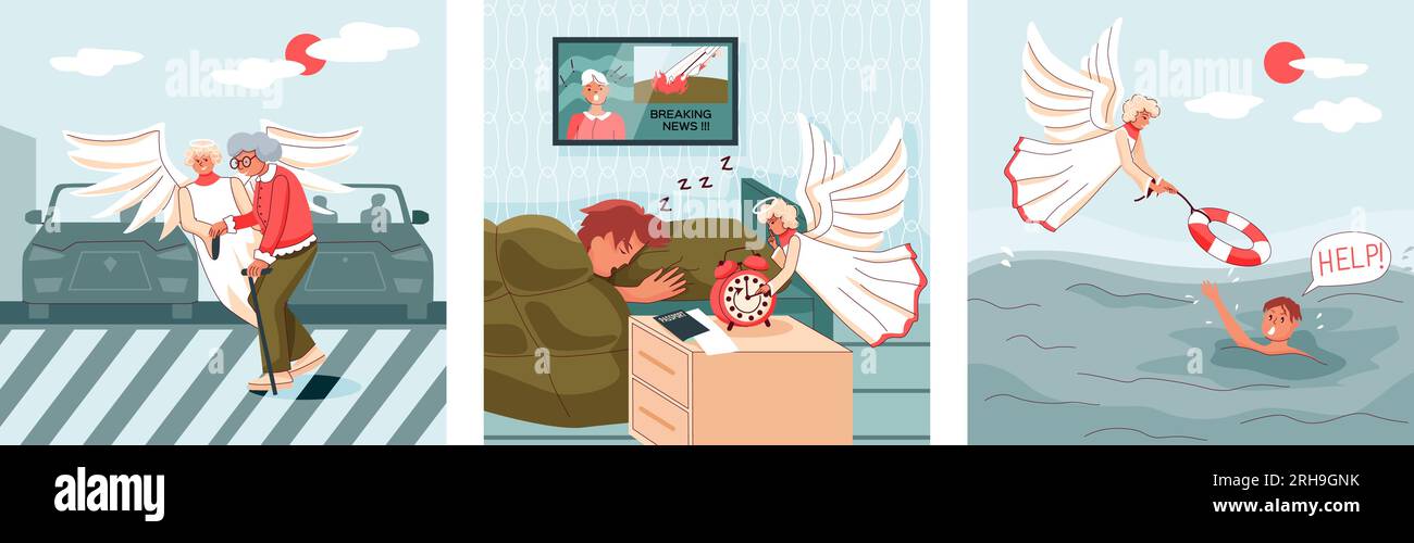 Angel help three isolated posters with biblical religious characters saving drowning and caring for disabled pedestrian flat vector illustration Stock Vector